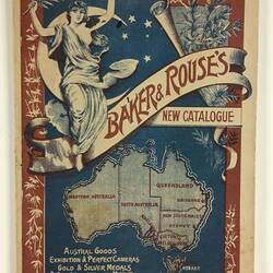 Printed illustration in red and blue ink of allegorical female figure holding foliage. Map of Australia below.