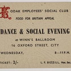 Invitation - Kodak Australasia Pty Ltd, 'Dance & Social Evening', Sydney, circa 1940's