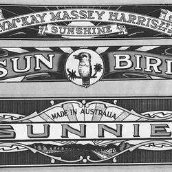 "H.V.MCKAY MASSEY HARRIS SUNSHINE" ; "SUNBIRD" ; "MADE IN AUSTRALIA SUNNIE"
