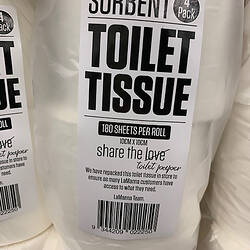 Digital Photograph - Sticker on Repackaged Toilet Paper, 'Share the Love/Toilet Paper', LaManna Supermarket, Essendon Fields, March 2020