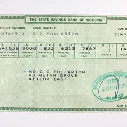Receipt - Mortgage Loan Payment, State Savings Bank of Victoria, Mr Graeme Fullarton, 31 Mar 1967