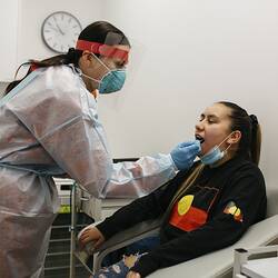 A Covid Test is Performed at First Peoples Health and Wellbeing Clinic, Thomastown, Wurundjeri Woi Wurrung Country, Victoria, 25 Mar 2021