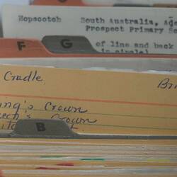 Different coloured index cards with handwritten and typewritten text.