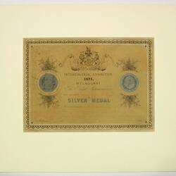 Certificate - Intercolonial Exhibition, Melbourne, Silver Medal Awarded to Thomas Gaunt, 1875