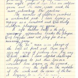 Handwritten game description in blue pencil on lined paper