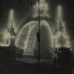 Photograph - Federation Celebrations, 'The Queen Victoria Arch Illuminated', Collins and Russell Street Intersection,  Melbourne, May1901