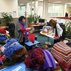 Maroondah City Council Staff Members Sorting Knitted Garments for Charity during COVID-19, Victoria, 22 July 2020