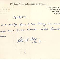 Letter - British Assisted Passage Scheme, John & Barbara Woods, The Surgery, Amersham, England, 19 Sep 1957