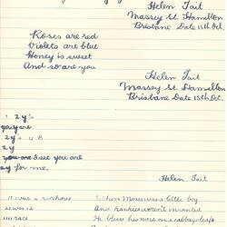 Document - Helen Tait, to Dorothy Howard, Descriptions of Autograph Album Rhymes, 15 Oct 1954