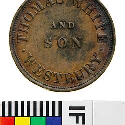 Mule Token - 1 Penny, Thomas White & Son, Grocers, Westbury, Tasmania, Australia, 1855