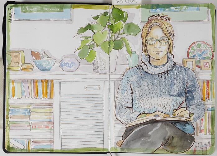 Sketch, Self-Portrait Of Liz McGrath Drawing In Her COVID-19 Sketchbooks, Barwon Heads, 3 May 2020