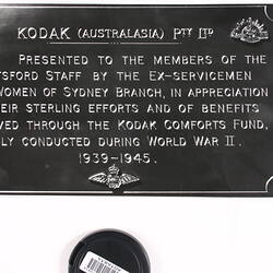 Photograph - Kodak Australasia Pty Ltd, Plaque Presented to Abbotsford Staff, Kodak Comforts Fund, World War II, 1946-1947