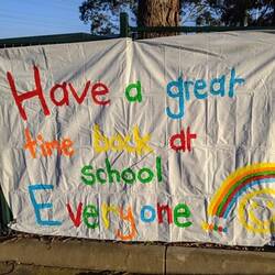 Digital Photograph - Banner Celebrating Return to School in Victoria, Delta Road Preschool, Greensborough, Victoria, 9 June 2020