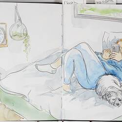 Sketch Of Teenager On Bed With Smartphone And Dog During COVID-19, Barwon Heads, 14 May 2020