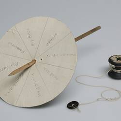 White card circle with spinner stick, cotton reel and string.