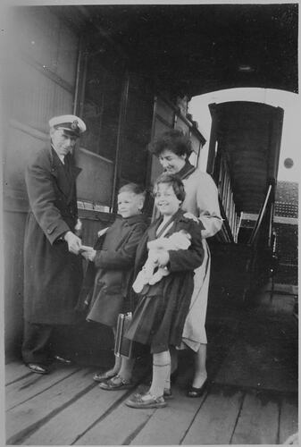 Joan, June & Brian Foster have their Tickets Checked, MV Georgic, Liverpool Dock, 13 May 1955