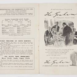 Open booklet, illustration of dinner party and text.