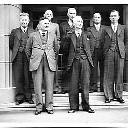 GROUP TAKEN ON DAY OF MR. GEO. BULT'S RETIREMENT: 30/6/41 READING FROM LEFT MESSRS L. SHEA, H.S. TAYLOR, R. LOWE, W. SOUTHALL, G. BULT, J. LEESON, & DR P. HENDERSON.
