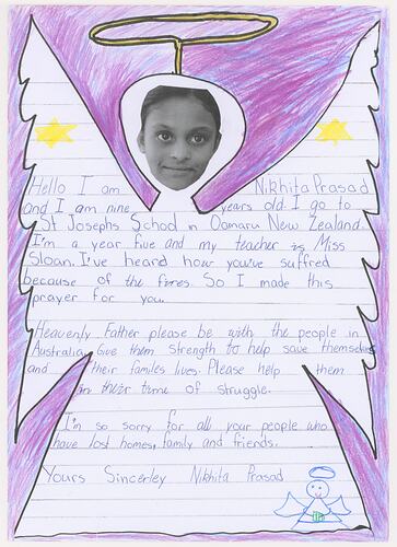 White page with angel outline framing handwritten text. Photo of girl as angel head. Purple background.