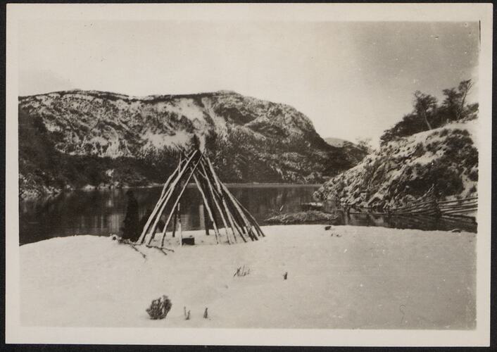 Framework of a toldo after it was vacated by Aia putilla schanaiensis [Domingo] and his family. Hoste Island, June 1929