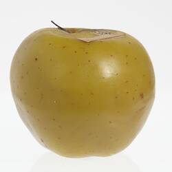 Yellow apple model with brown spots. Profile.