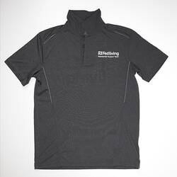 Front of grey collared polo t-shirt with Federation University logo and lettering in white on top left side.