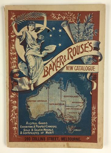 Printed illustration in red and blue ink of allegorical female figure holding foliage. Map of Australia below.