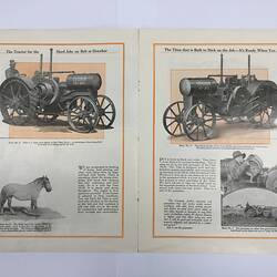 Open pamphlet, four images of tractors and a horse. Black and orange printing.