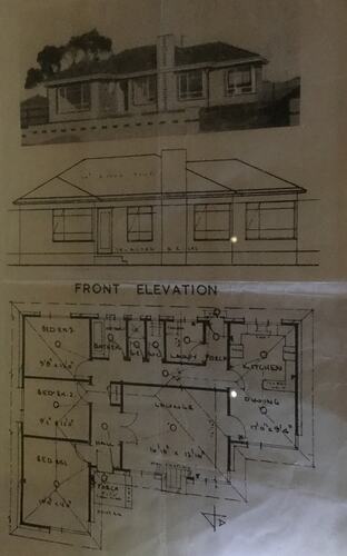 Brochure page with image of house and its drawn floorplans below.