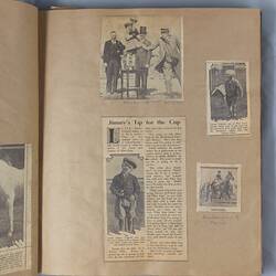 Scrapbook page with newpaper cutting that has text and images relating to horse racing.