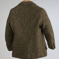 Back of brown tweed suit jacket.