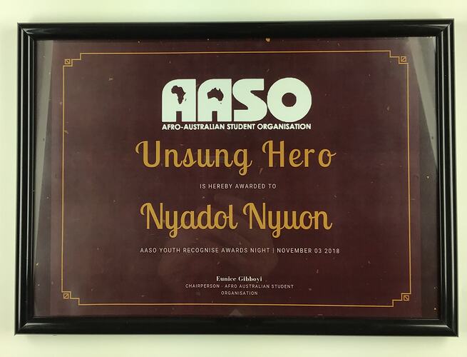 Certificate - Nyadol Nyuon, Afro-Australian Student Organisation, 3 Nov, 2018