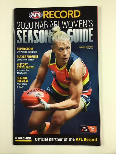 Booklet cover with female footballer wearing red, yellow and navy football jumper. Text around.
