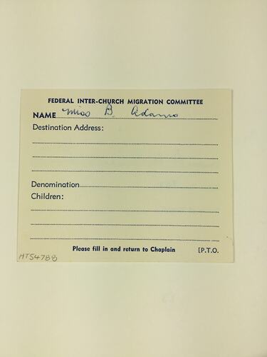 HT 54788, Card - Federal Inter-Church Migration Committee, SS Arcadia, 1967 (MIGRATION), Document, Registered