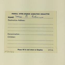 HT 54788, Card - Federal Inter-Church Migration Committee, SS Arcadia, 1967 (MIGRATION), Document, Registered