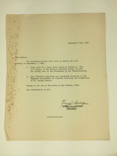 HT 57778, Letter - Meeting Outcomes, Filipino Association of Victoria, Fitzroy, 10 Sep 1962 (CULTURAL IDENTITY), Document, Registered