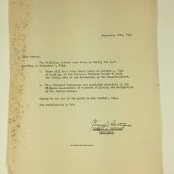 Letter - Meeting Outcomes, Filipino Association of Victoria, Fitzroy, 10 Sep 1962