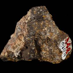 Irregular brown rock with gold flecks.