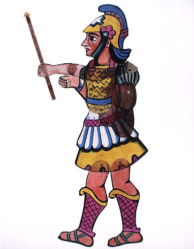 Two dimensional acrylic puppet of a man in wearing yellow breastplate and helmet, pink leggings and sandals.