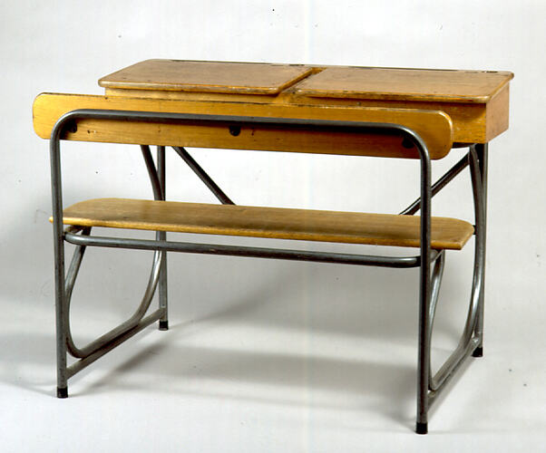 Wood and metal desk, back view.