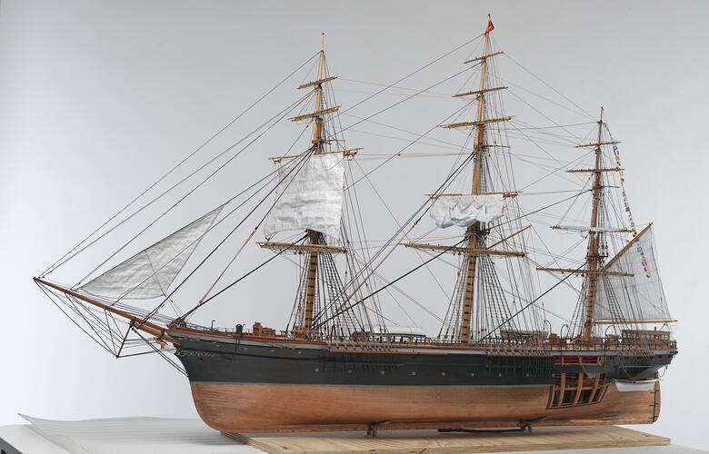 Scale model clipper ship. 3 sails, rigging and above deck fittings and spars.