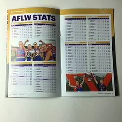 Open football record with text and female footballers on left page. Text and female footballers on right.