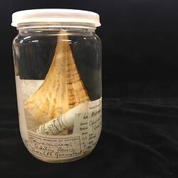 Glass jar of specimens with their labels.