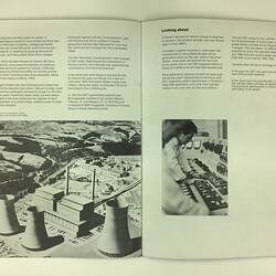 Open booklet. Aerial view of a power station.