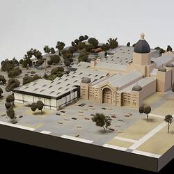 Architectural model of Royal Exhibition Building, Carlton Gardens with fountains, carpark and annexes.