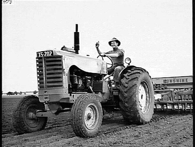 MR. F. W. MICHAEL, COPE COPE, VIC. WITH HIS NEW 16-TINE `SUNDELVE' RIGID TINE CULTIVATING DRILL AND 744 DIESEL TRACTOR, SOWING (350 ACRES) OATS: JUNE 1952