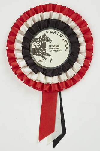 Rosette in red, blue and white. Horse in centre.