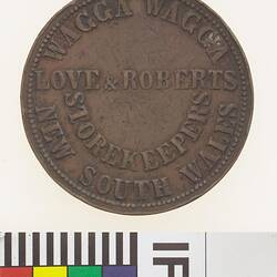 Token - 1 Penny, Love & Roberts, Storekeepers, Wagga Wagga, New South Wales, Australia, 1865