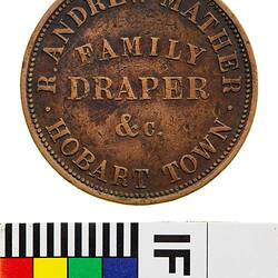Token - 1 Penny, Robert Andrew Mather, Family Draper, Hobart, Tasmania, Australia, circa 1855-1860