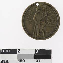 Round bronze coloured medal with man on ladder with hose against building with flames emanating.